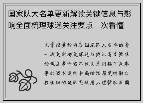国家队大名单更新解读关键信息与影响全面梳理球迷关注要点一次看懂